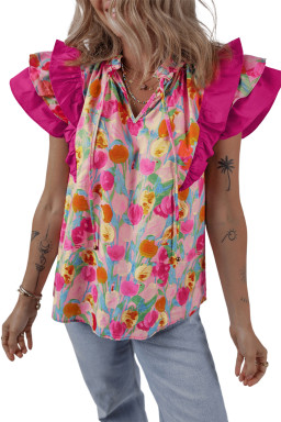 Pink Floral Ruffle Flutter Sleeve Tie V Neck Blouse