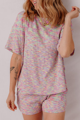 Multicolour Ribbed Knit T Shirt and Shorts Pajama Set