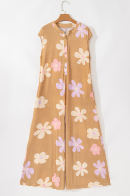 Khaki Floral Print Sleeveless Button up Wide Leg Loose Jumpsuit