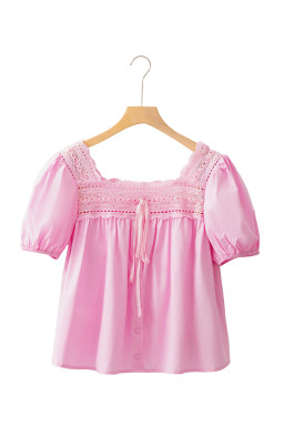 Light Pink Lace Square Neck Patchwork Puff Sleeve Blouse