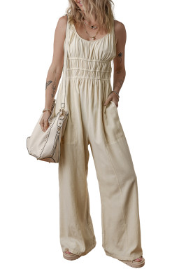 Beige Ruched High Waist Sleeveless Wide Leg Jumpsuit