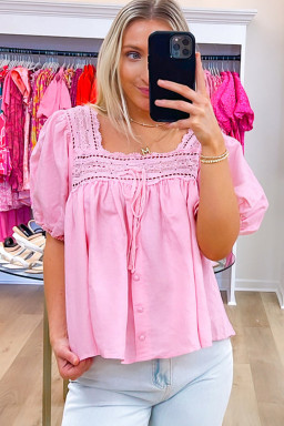 Light Pink Lace Square Neck Patchwork Puff Sleeve Blouse