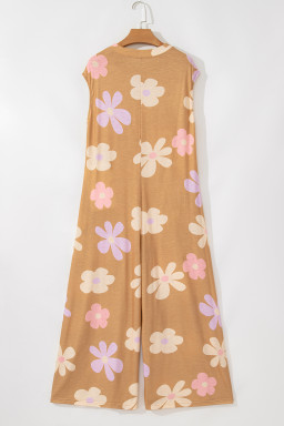 Khaki Floral Print Sleeveless Button up Wide Leg Loose Jumpsuit