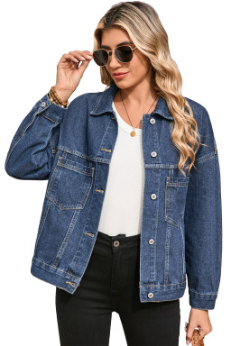 Dark Blue Washed Oversized Pocketed Denim Jacket