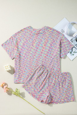 Multicolour Ribbed Knit T Shirt and Shorts Pajama Set