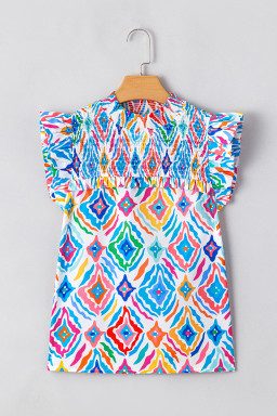 Light Blue Geometric Print Flutter Sleeve Mock Neck Smocked Blouse