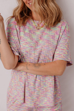 Multicolour Ribbed Knit T Shirt and Shorts Pajama Set