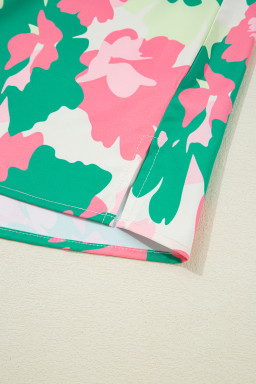 Green Abstract Print Frilled Neck Ruched Short Sleeve Blouse