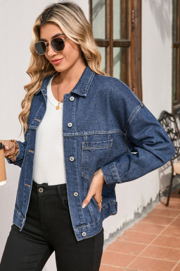 Dark Blue Washed Oversized Pocketed Denim Jacket