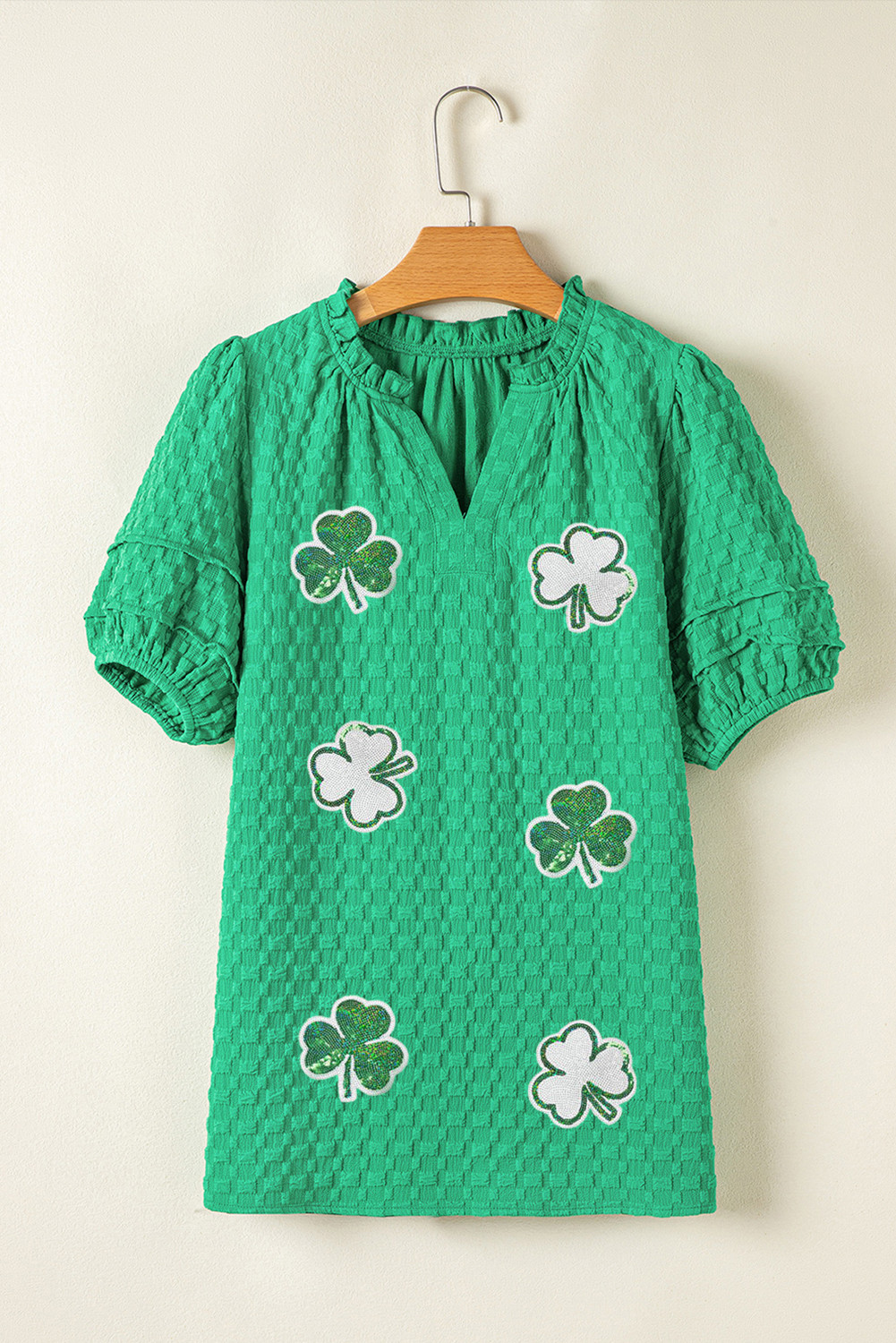 Bright Green Textured Jacquard Sequin Clover Pattern Puff Short Sleeve Blouse
