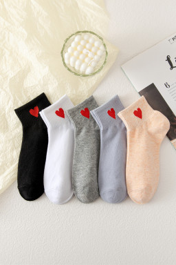 Light Grey 5 Pairs/Set Heart Pattern Accent Ribbed Edge Ankle Socks
