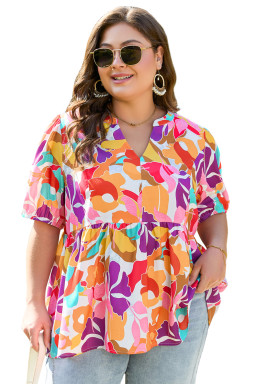 Pink Plus Size Floral Print V Neck Fit and Flare Blouse