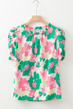 Green Abstract Print Frilled Neck Ruched Short Sleeve Blouse