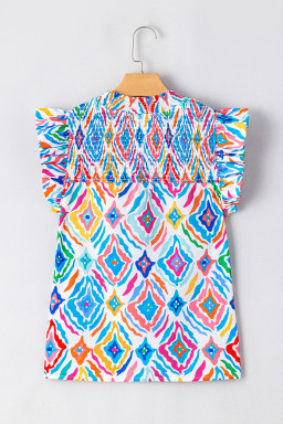Light Blue Geometric Print Flutter Sleeve Mock Neck Smocked Blouse