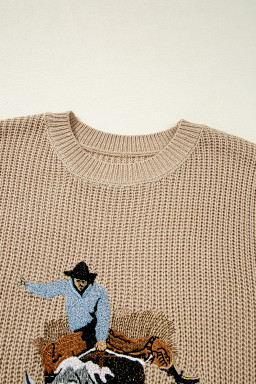 Parchment Cowboy Embroidery Round Neck Sleeveless Knit Top