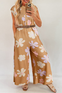 Khaki Floral Print Sleeveless Button up Wide Leg Loose Jumpsuit