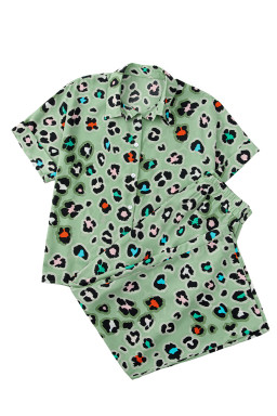 Green Leopard Print Short Sleeve Shirt and Wide Leg Pants Set