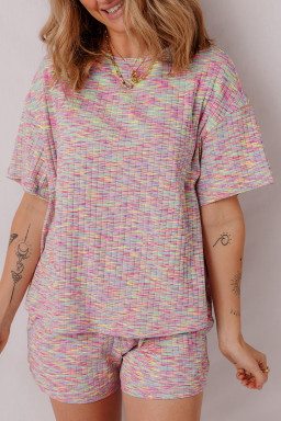 Multicolour Ribbed Knit T Shirt and Shorts Pajama Set