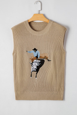 Parchment Cowboy Embroidery Round Neck Sleeveless Knit Top