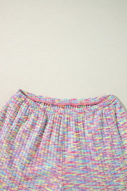 Multicolour Ribbed Knit T Shirt and Shorts Pajama Set