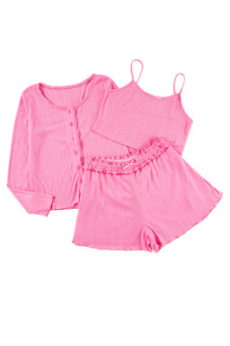 Bonbon Texture Cropped Bow Cami Shorts and Cardigan 3pcs Pajama Set