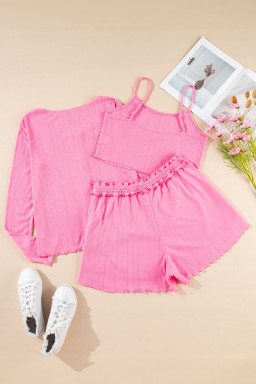 Bonbon Texture Cropped Bow Cami Shorts and Cardigan 3pcs Pajama Set