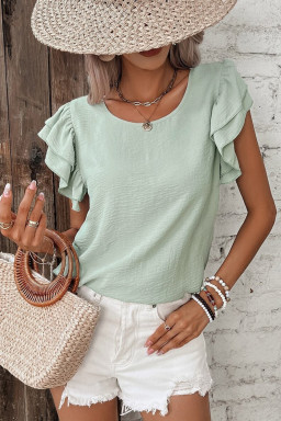 Clearly Aqua Solid Color Ruffle Sleeve Crinkled Blouse
