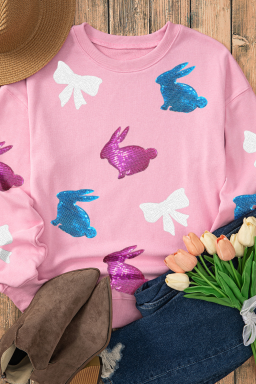 Pink Sequin Easter Bunny Bow Graphic Sweatshirt