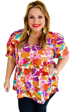 Pink Plus Size Floral Print V Neck Fit and Flare Blouse