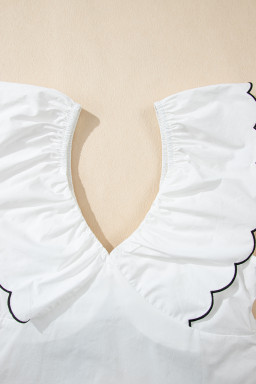 White Contrast Bow Ruffle Trim V Neck Blouse