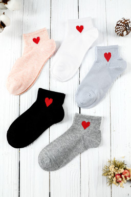 Light Grey 5 Pairs/Set Heart Pattern Accent Ribbed Edge Ankle Socks