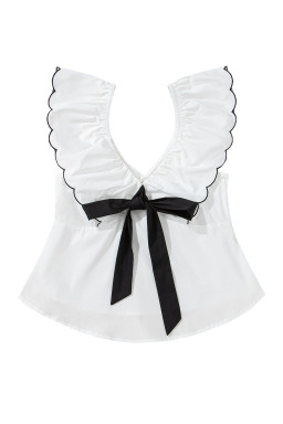 White Contrast Bow Ruffle Trim V Neck Blouse