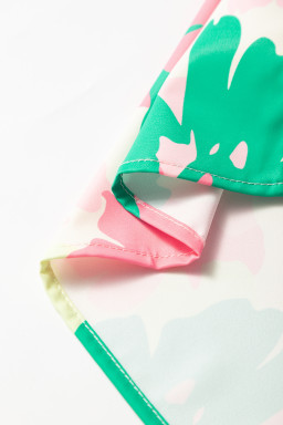 Green Abstract Print Frilled Neck Ruched Short Sleeve Blouse