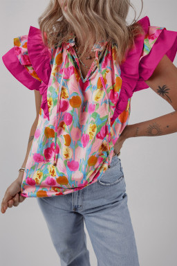 Pink Floral Ruffle Flutter Sleeve Tie V Neck Blouse