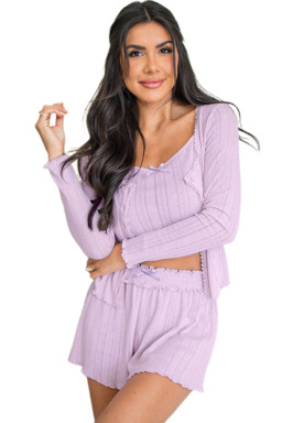 Orchid Petal Delicate Texture Cropped Cami Shorts and Cardigan 3pcs Lounge Set