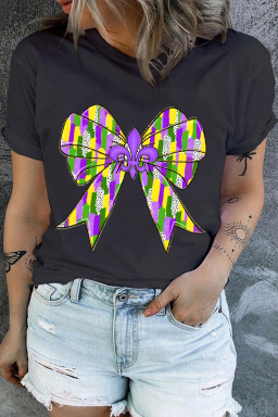 Black Mardi Gras Bow Graphic Crewneck Plus Size Tee
