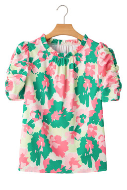 Green Abstract Print Frilled Neck Ruched Short Sleeve Blouse