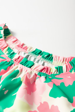 Green Abstract Print Frilled Neck Ruched Short Sleeve Blouse