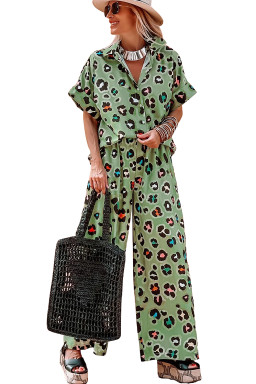 Green Leopard Print Short Sleeve Shirt and Wide Leg Pants Set