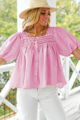 Light Pink Lace Square Neck Patchwork Puff Sleeve Blouse