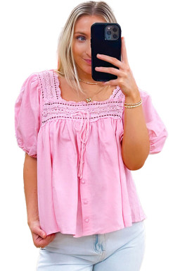 Light Pink Lace Square Neck Patchwork Puff Sleeve Blouse