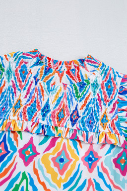 Light Blue Geometric Print Flutter Sleeve Mock Neck Smocked Blouse