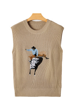 Parchment Cowboy Embroidery Round Neck Sleeveless Knit Top