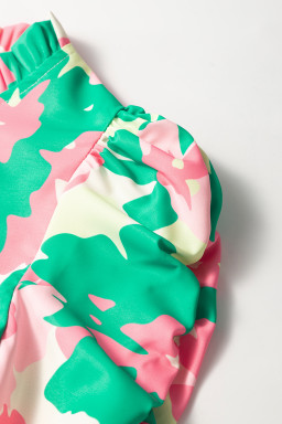 Green Abstract Print Frilled Neck Ruched Short Sleeve Blouse
