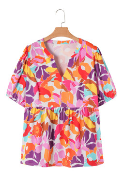 Pink Plus Size Floral Print V Neck Fit and Flare Blouse