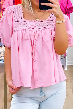 Light Pink Lace Square Neck Patchwork Puff Sleeve Blouse