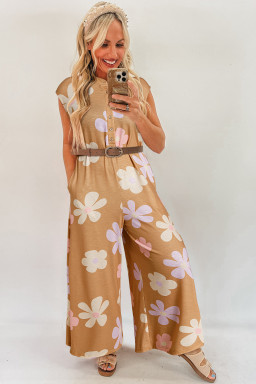 Khaki Floral Print Sleeveless Button up Wide Leg Loose Jumpsuit