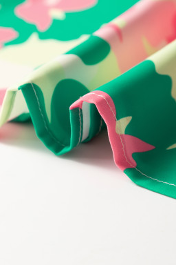 Green Abstract Print Frilled Neck Ruched Short Sleeve Blouse