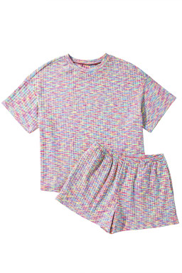 Multicolour Ribbed Knit T Shirt and Shorts Pajama Set