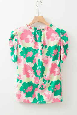 Green Abstract Print Frilled Neck Ruched Short Sleeve Blouse